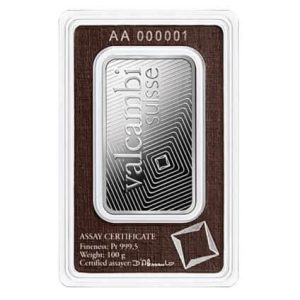 100 gram Platinum Bar - Valcambi (In Assay)