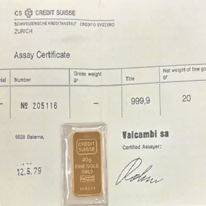 20 Gram Vintage Gold Bar Credit Suisse (Assay)