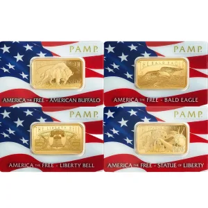1 oz PAMP Suisse America The Free Statue of Liberty, American Buffalo, Liberty Bell or Bald Eagle Gold Bar (In Assay)