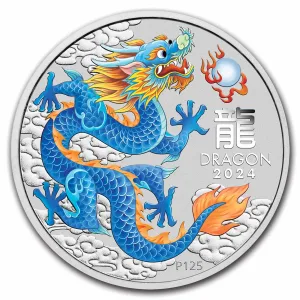 2024 Australia 1 oz Silver Lunar Colorized Blue Dragon Capsulated