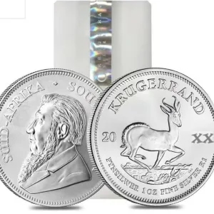 South African 25 x 1 oz Silver Krugerrand Coins (Random Year in Tube)