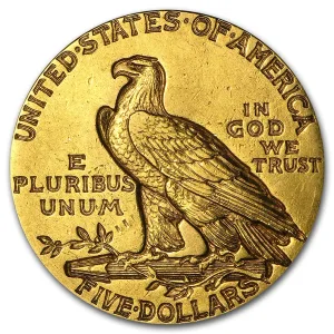 $5 Indian Head Gold Half Eagle AU Random Year 0.2419 oz United States $5 Indian Head Gold Half Eagle Random Year - .900 Fine Gold - US Mint AU (Almost Uncirculated) Reverse.