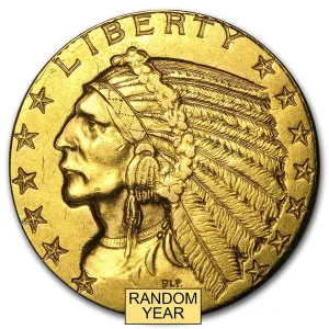 $5 Indian Head Gold Half Eagle AU Random Year 0.2419 oz United States $5 Indian Head Gold Half Eagle Random Year - .900 Fine Gold - US Mint AU (Almost Uncirculated) Front.